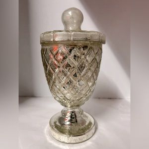 Set of two pottery barn, mercury glass decorative containers with lids